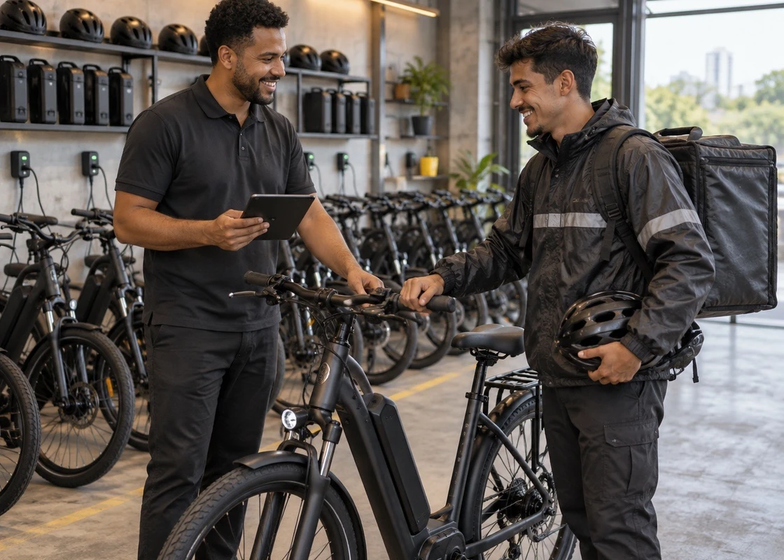 Atendente de locadora entregando uma bike elétrica a um entregador