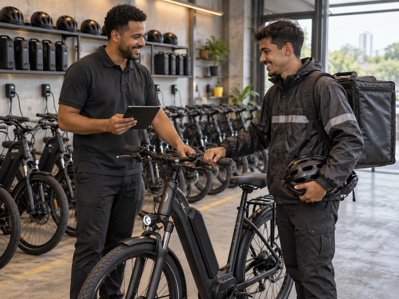 Atendente de locadora entregando uma bike elétrica a um entregador de comida