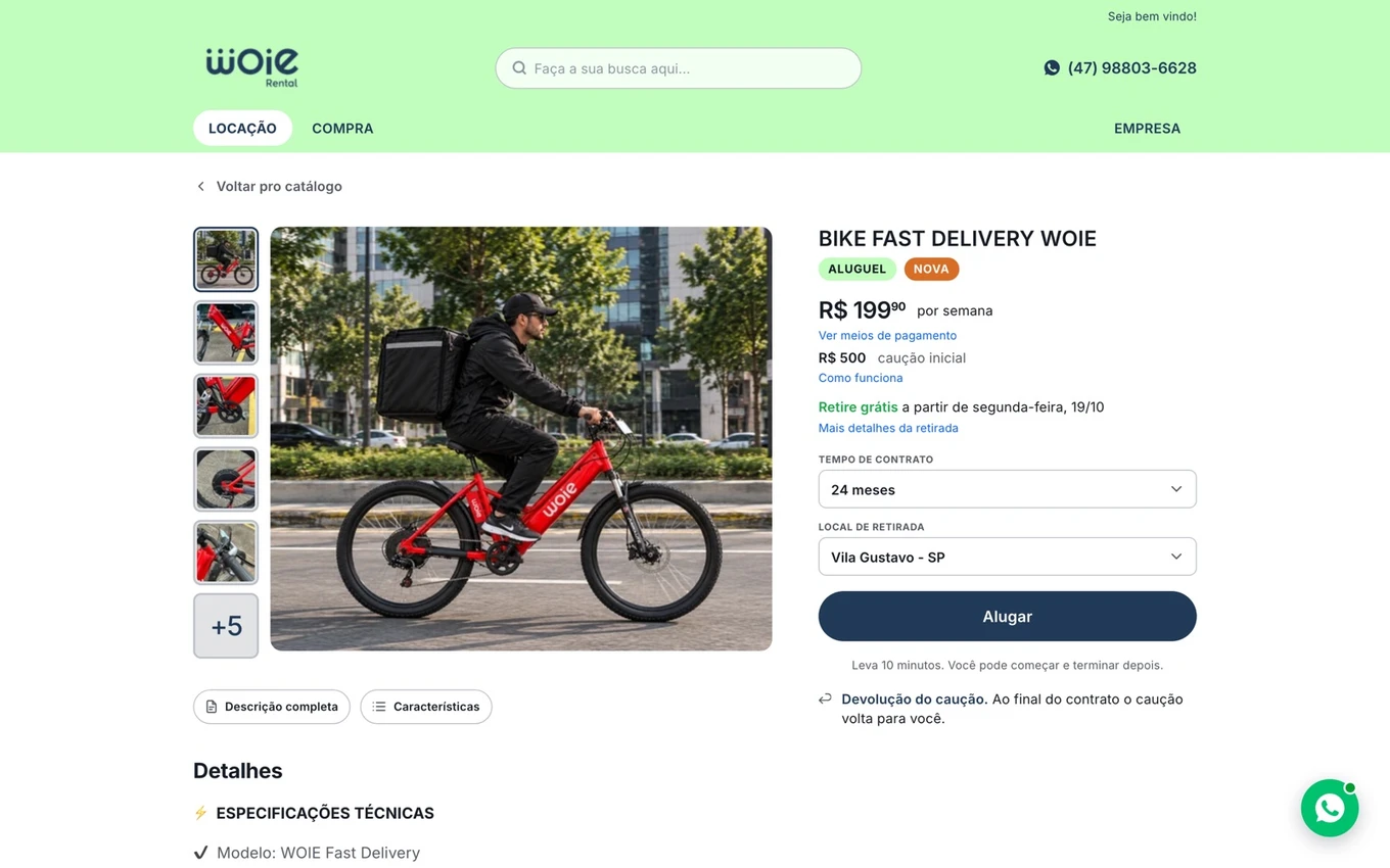 Página de item da vitrine da Woie no domínio próprio, com preço semanal, caução e botão Alugar
