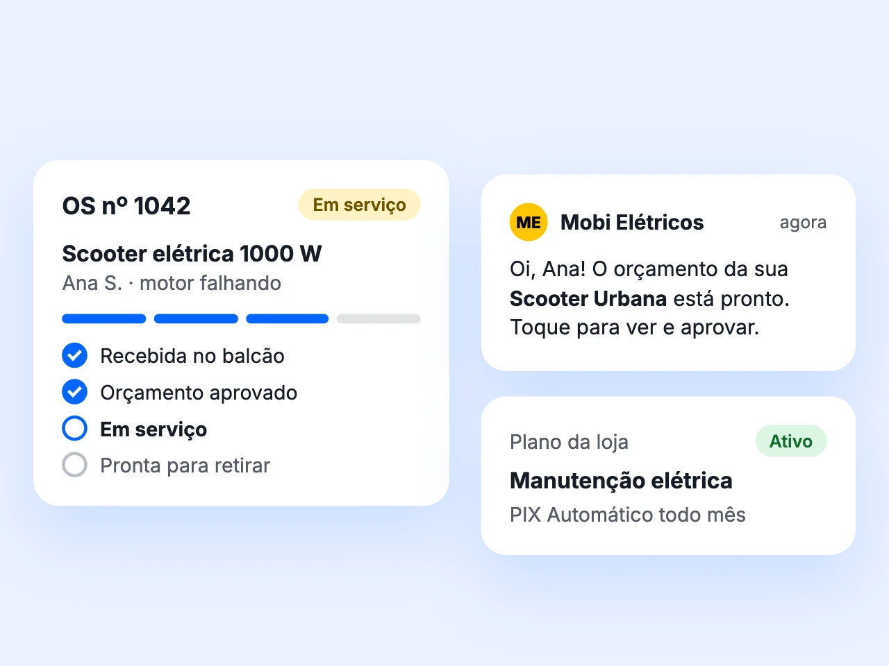 Ordem de serviço de uma scooter elétrica em andamento, aviso de orçamento no WhatsApp e plano de manutenção elétrica ativo