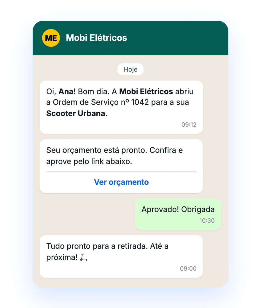 Conversa no WhatsApp da loja com a abertura da OS da scooter, o link do orçamento aprovado e o aviso de pronto para retirada