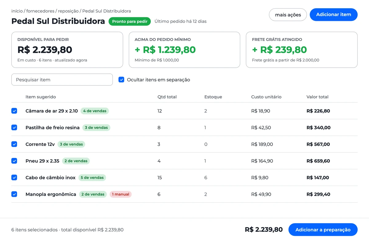 Detalhe do fornecedor com valor disponível para pedir, pedido mínimo, frete grátis e itens sugeridos