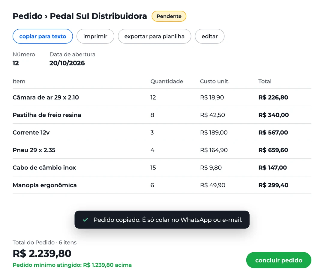 Pedido de reposição pendente com as opções copiar para texto, imprimir e exportar para planilha