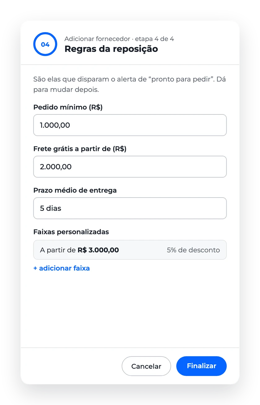 Etapa de regras da reposição com pedido mínimo, frete grátis, prazo de entrega e faixa personalizada