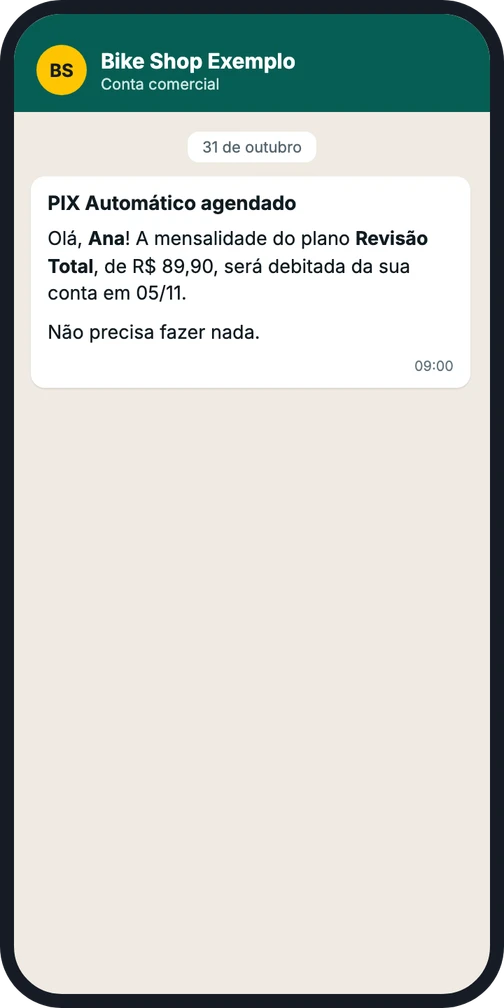 Aviso no WhatsApp da loja informando que o PIX Automático foi agendado