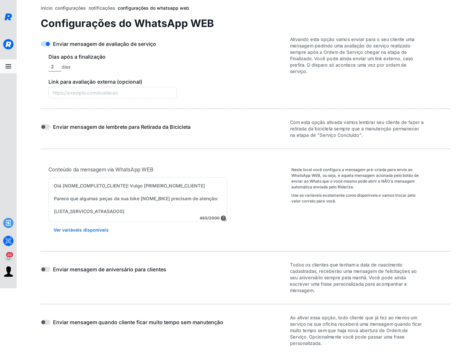 Tela de configurações do WhatsApp com as opções de mensagem de aniversário e de cliente muito tempo sem manutenção