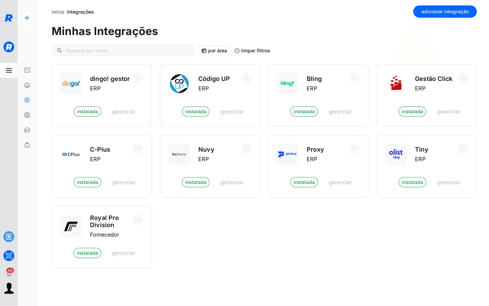 Tela Minhas Integrações com dingo! gestor e Código UP