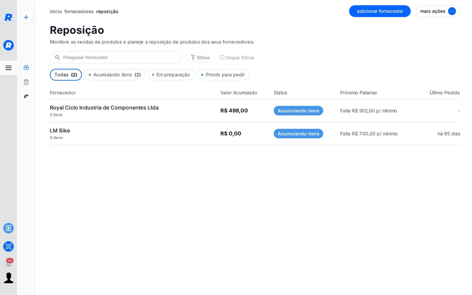Lista de fornecedores na tela Reposição, com etapa, valor acumulado e próximo patamar
