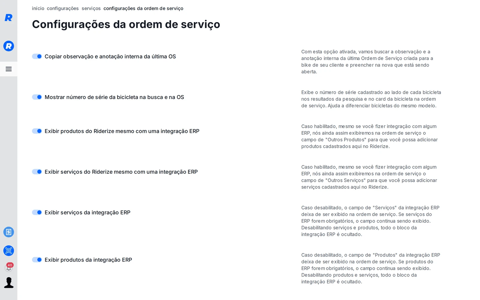 Tela Configurações da ordem de serviço com a opção Mostrar número de série da bicicleta na busca e na OS