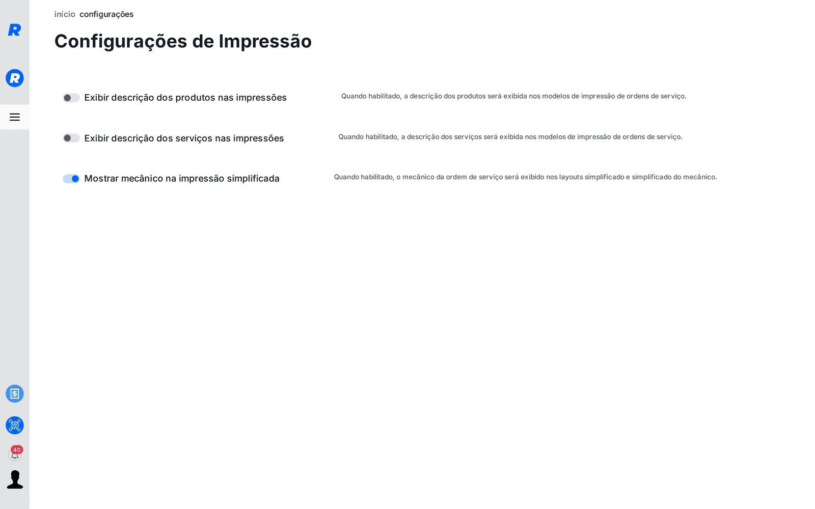 Configurações de Impressão com a opção Mostrar mecânico na impressão simplificada