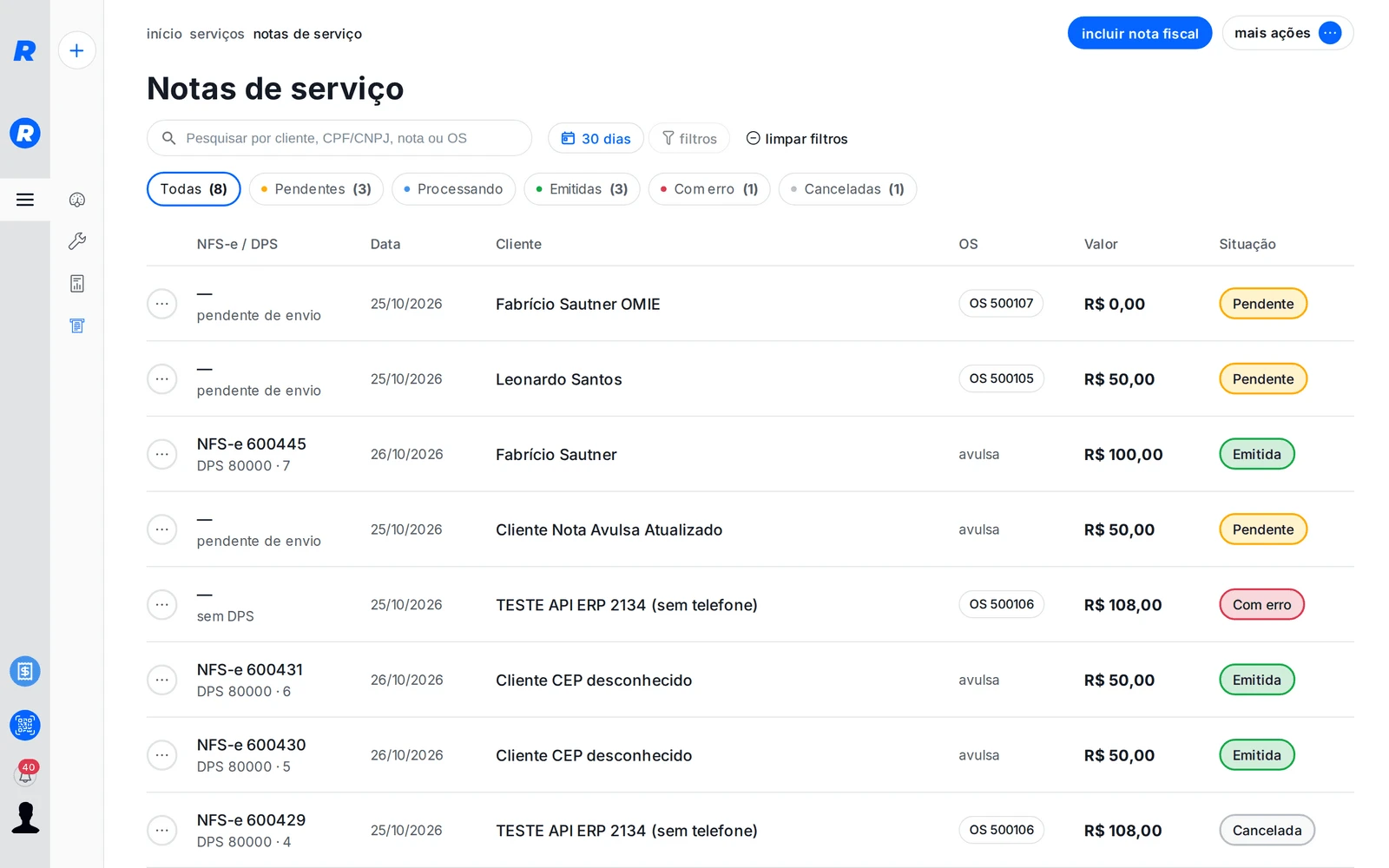 Serviços › Notas de serviço com notas pendentes, emitidas, com erro e canceladas