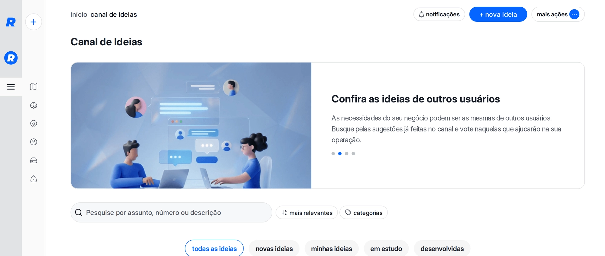 Canal de Ideias V2 — tela principal com filtros, busca e cards de ideias