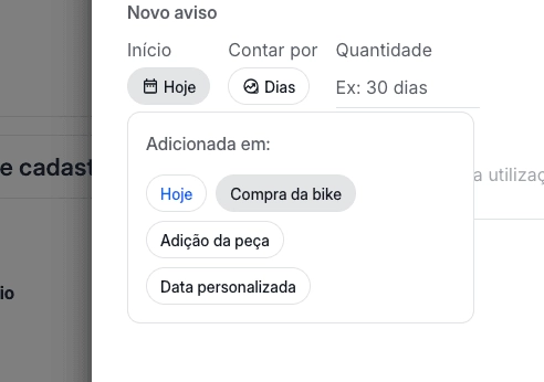 Dropdown de data de referência no monitoramento — opção Data da compra da bike