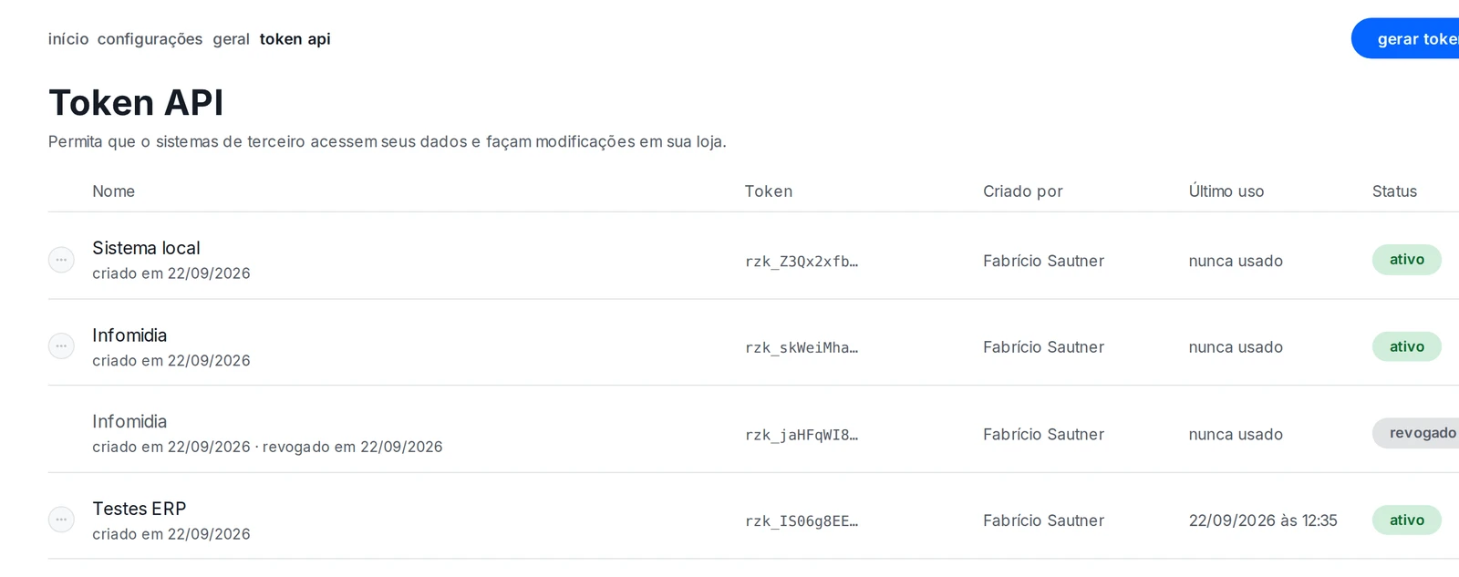 Tela Token API com a lista de tokens criados, status e botão gerar token