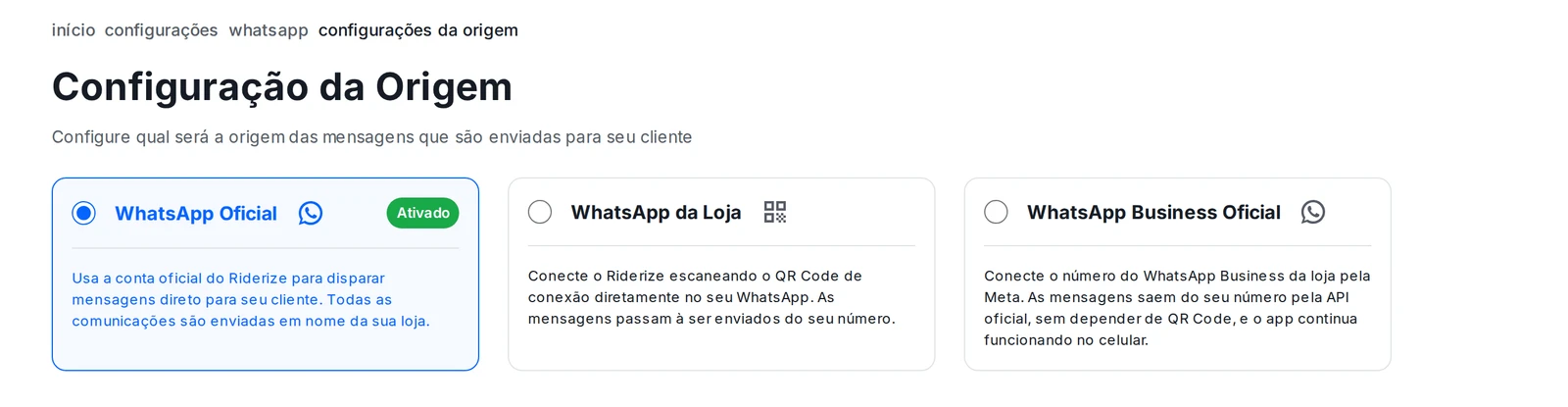 Tela de origem das mensagens de WhatsApp com o cartão WhatsApp Business Oficial