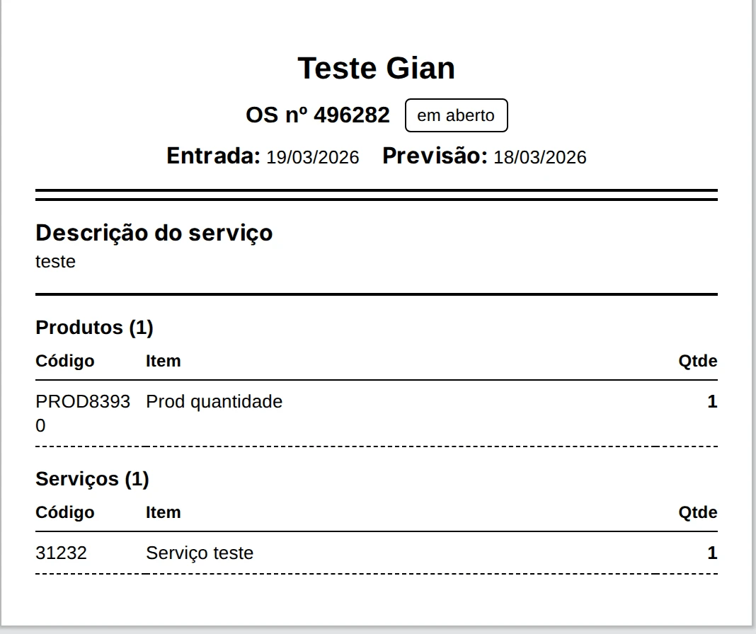 Layout simplificado do mecânico da ordem de serviço, com itens e quantidades e sem preços