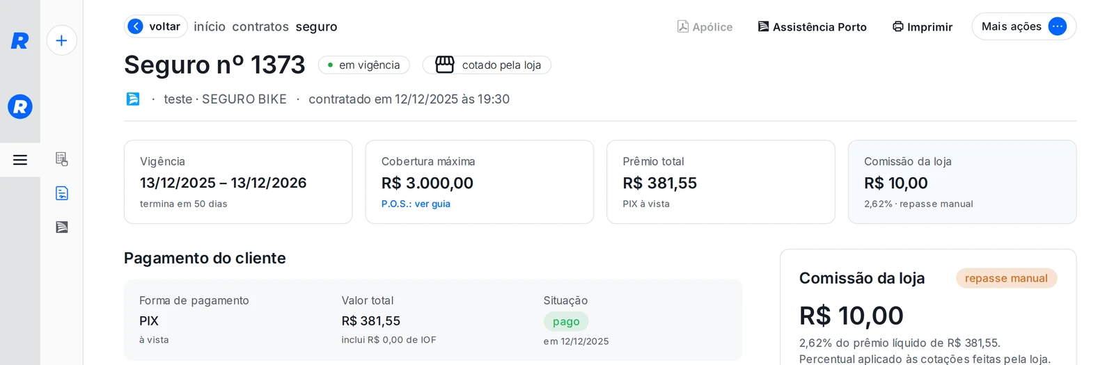 Tela do contrato de seguro com pagamento do cliente e comissão da loja