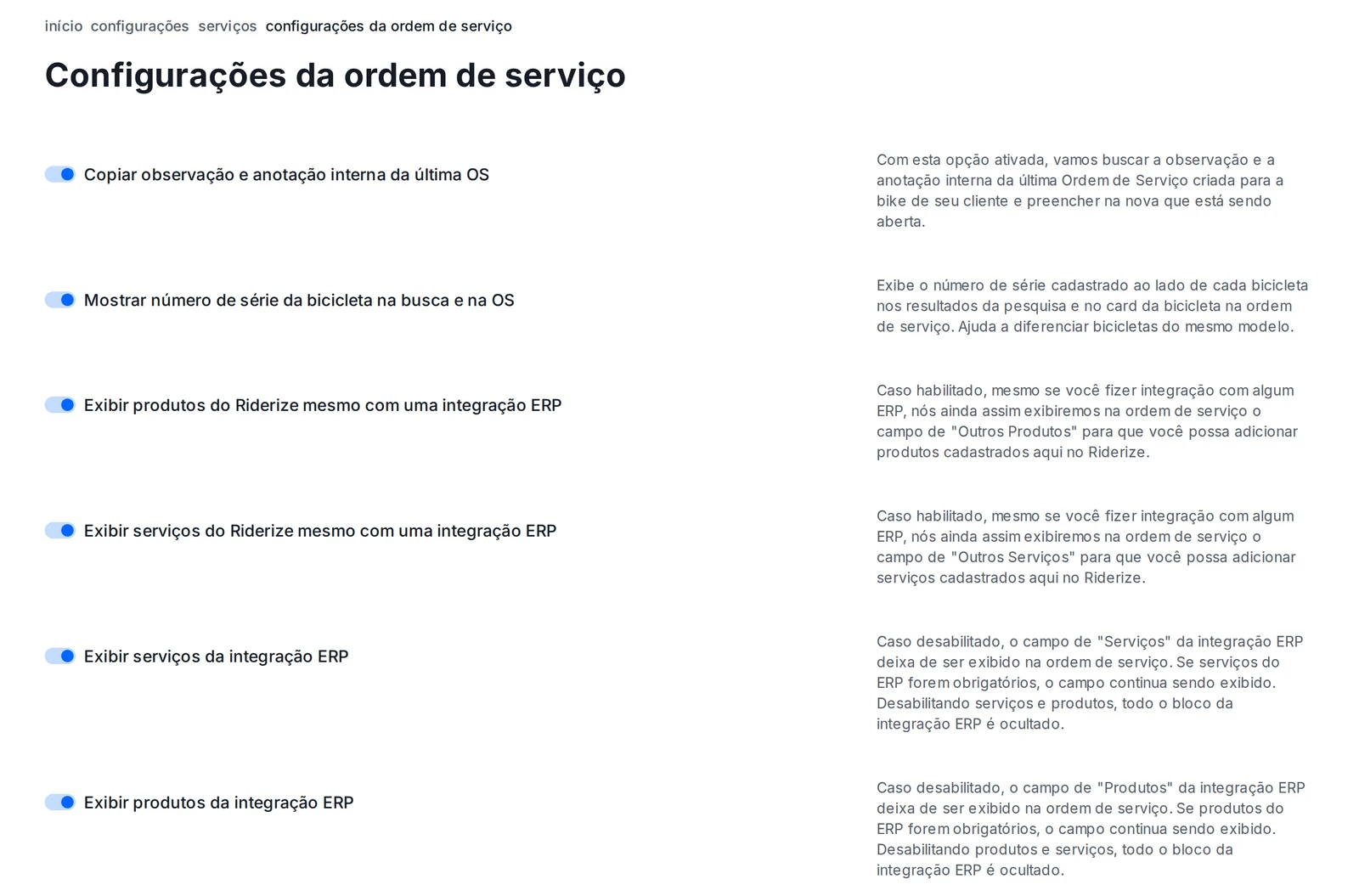 Configurações da ordem de serviço com os interruptores de exibir serviços e produtos da integração ERP