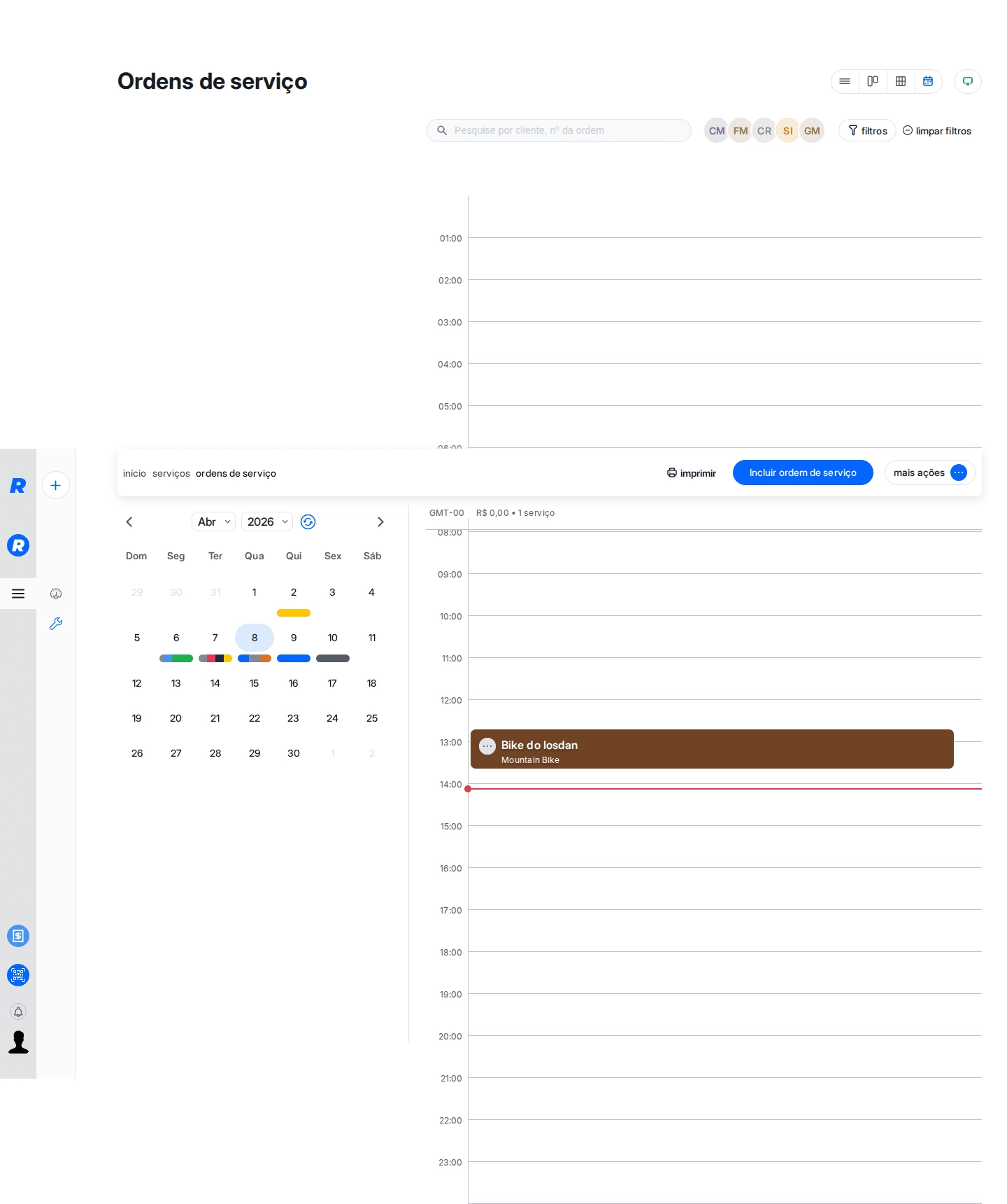 Novo calendário diário com cards de OS e barra de horário atual