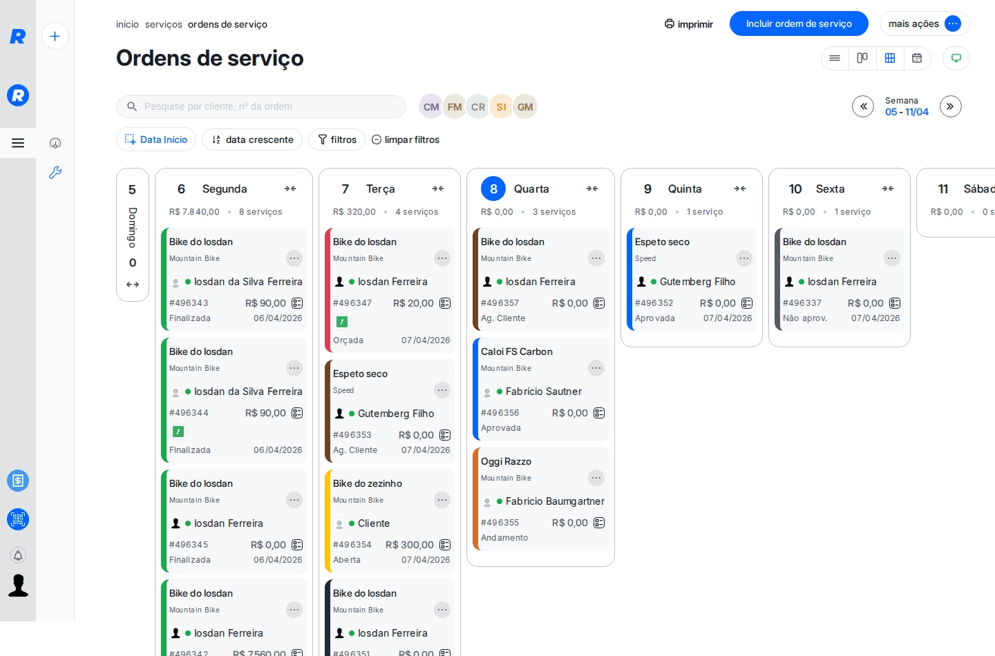 Grade semanal com ordens de serviço organizadas por dia