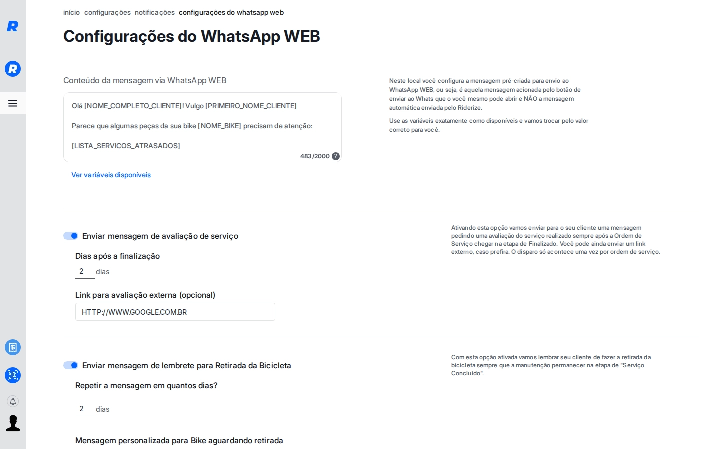 Configurações de WhatsApp - Outras mensagens com toggle de avaliação de serviço