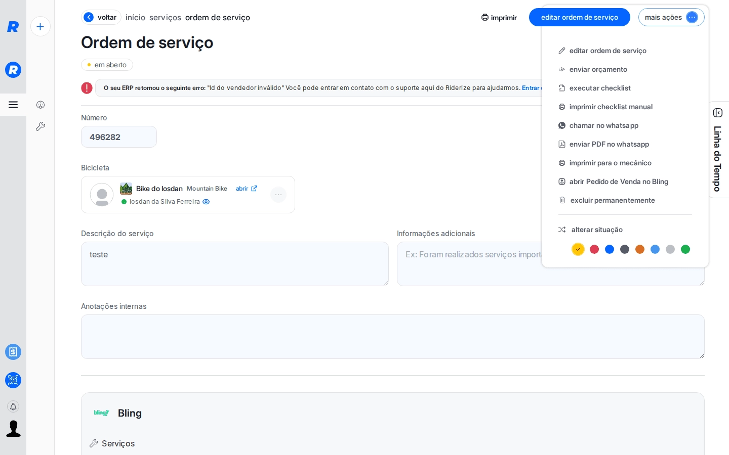 Menu Mais Ações mostrando o nome real do ERP integrado (Bling)