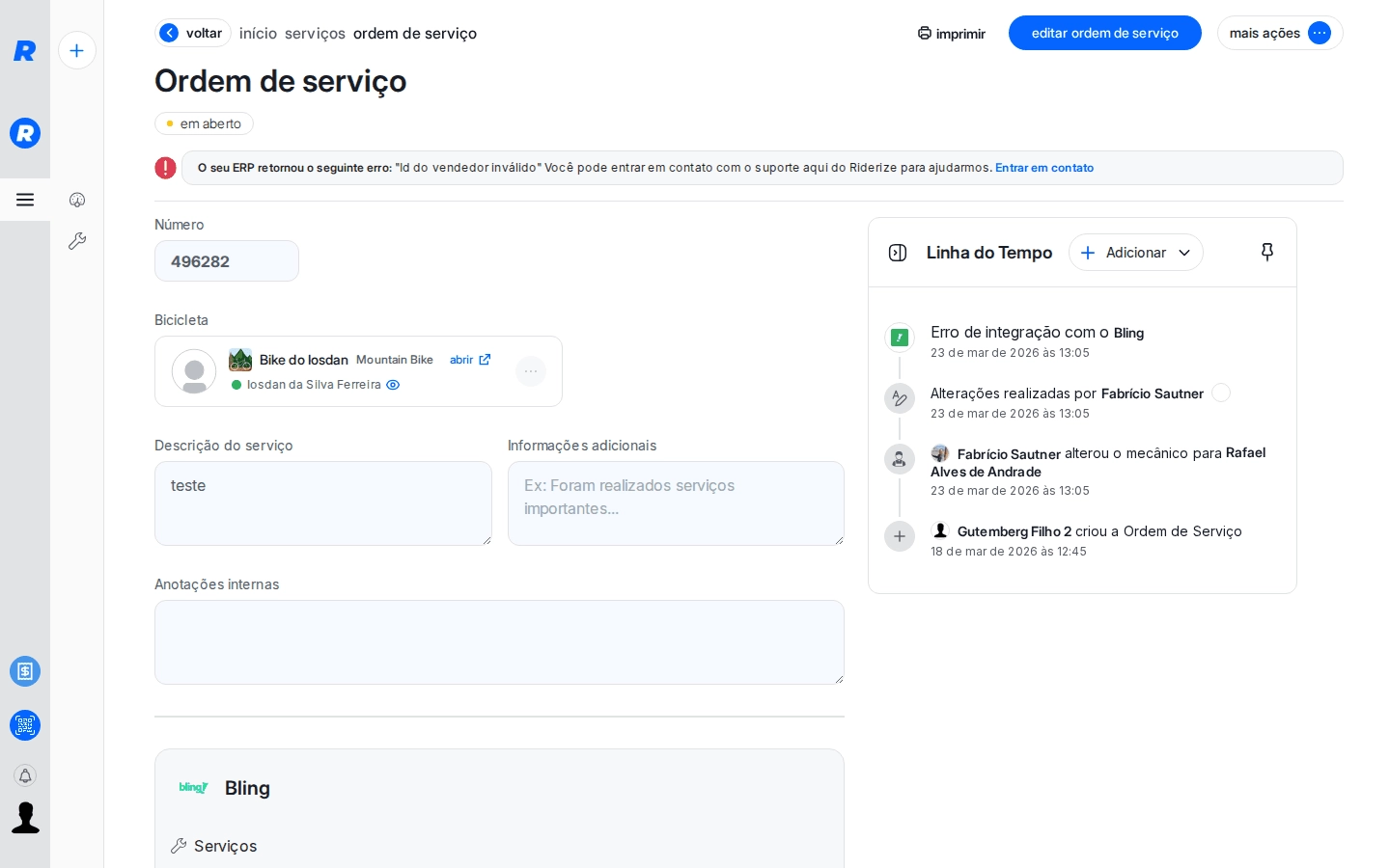 Linha do Tempo mostrando evento de alteração de mecânico