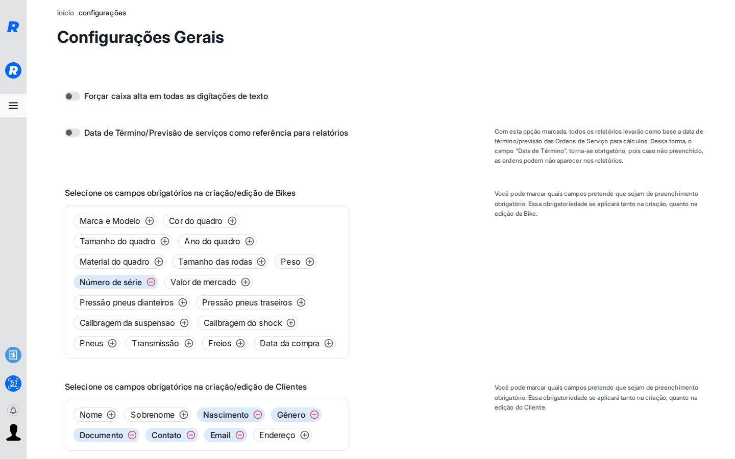 Tela de Configurações Gerais com controle de campos obrigatórios