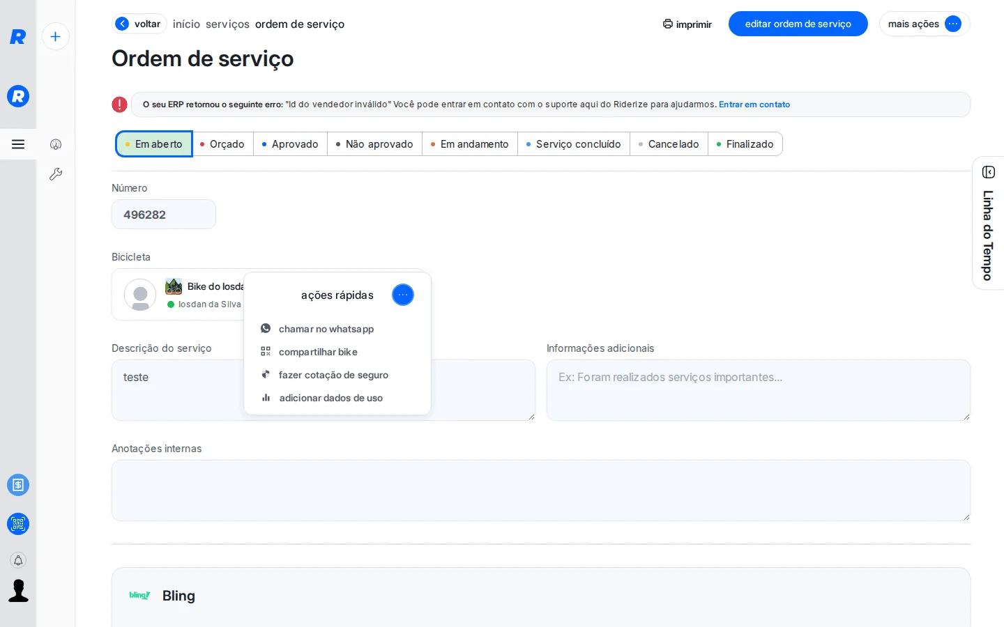 Menu de ações rápidas com opção de adicionar dados de uso