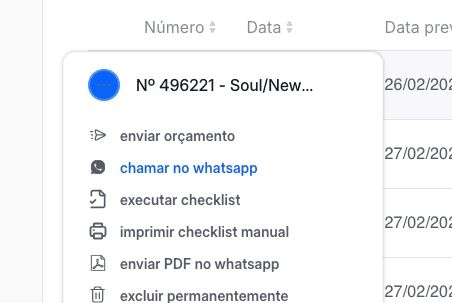Menu de ações da OS com atalho para WhatsApp